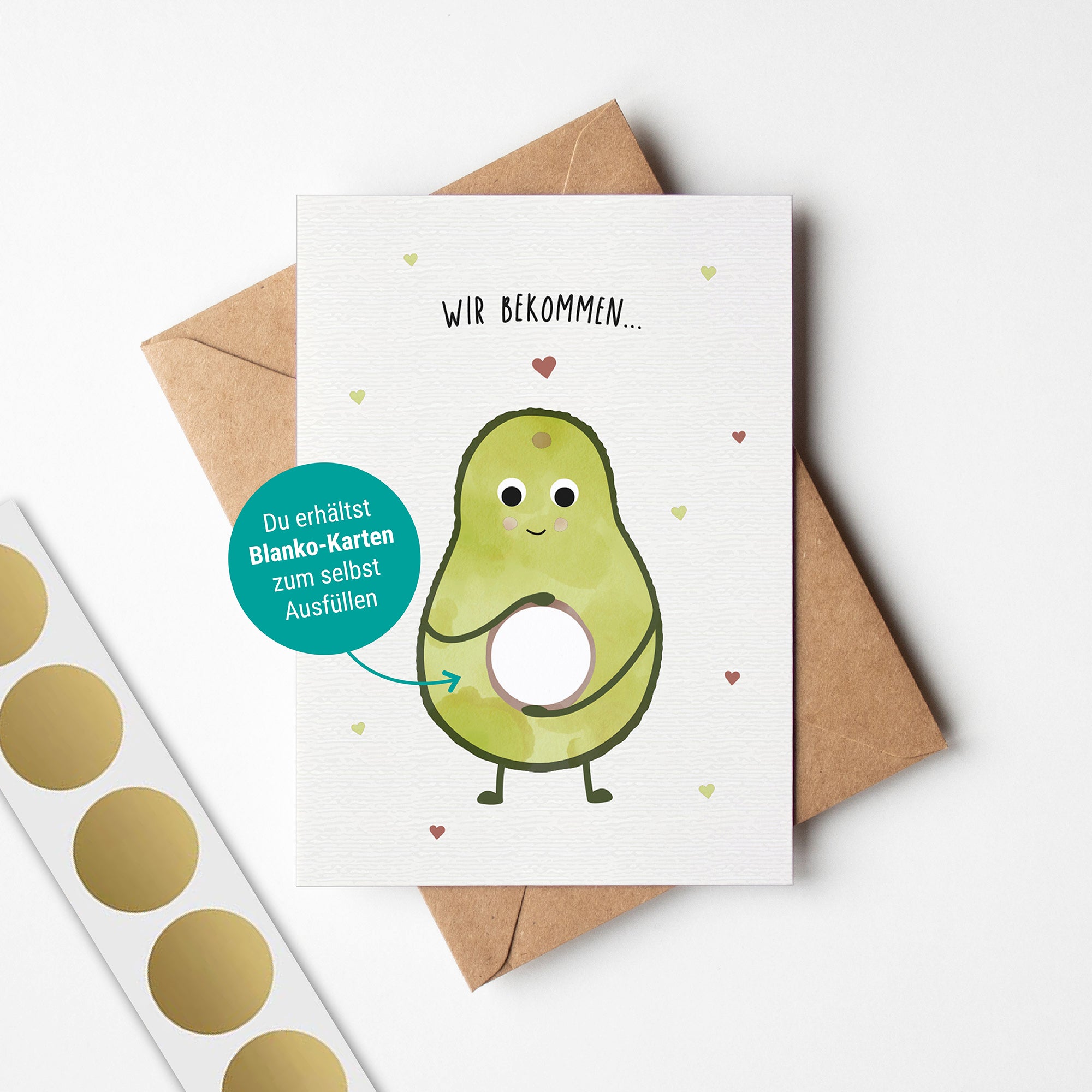 Illustration einer Rubbelkarte mit einer Avocado, die das Babygeschlecht verkündet, und dem Text „Es wird ein ...“ auf hellem Hintergrund