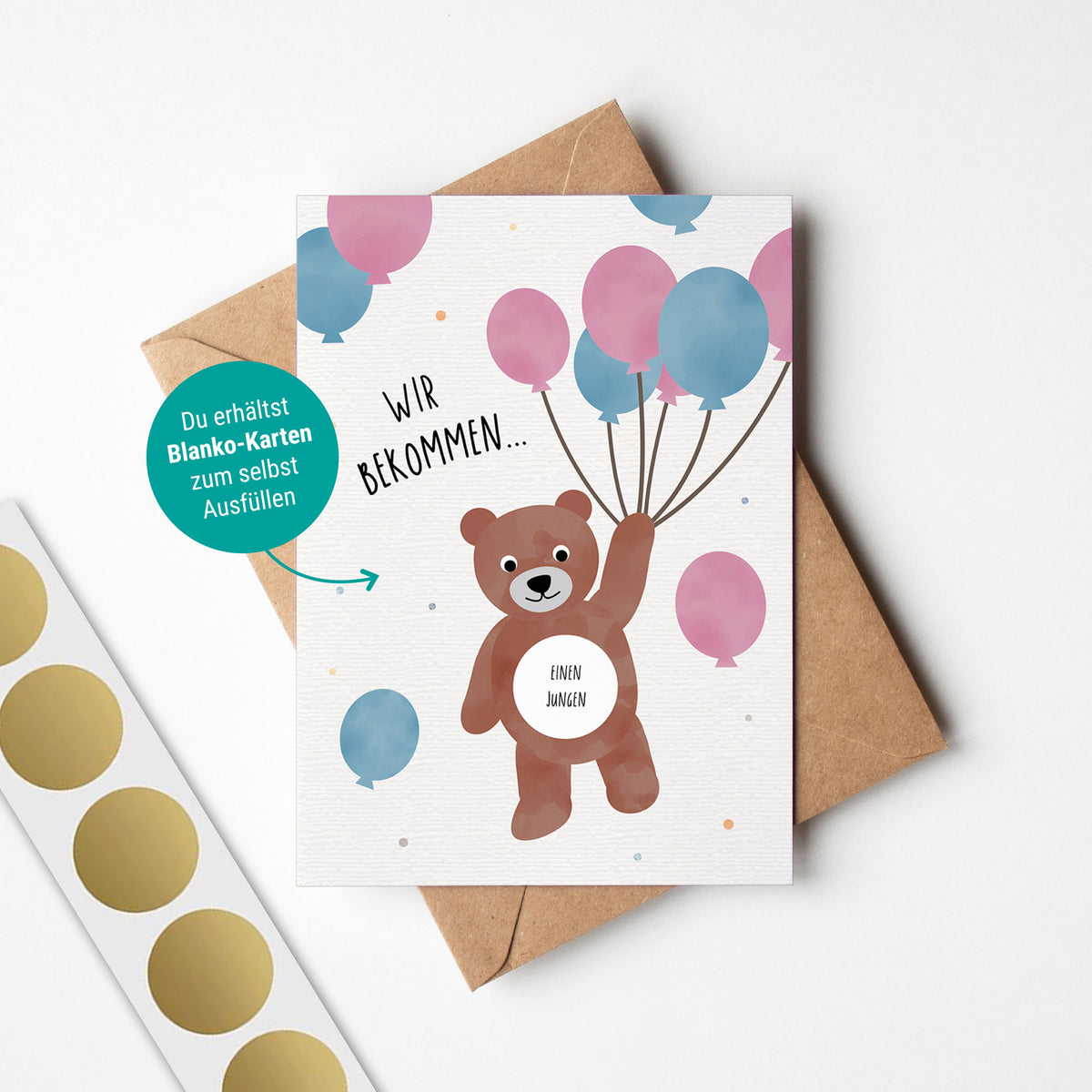 Rubbelkarte zur Verkündung des Babygeschlechts mit goldener Rubbelfläche auf rosa-blauem Hintergrund und der Aufschrift ‚Boy or Girl?‘ – liebevoll gestaltete Gender Reveal Karte