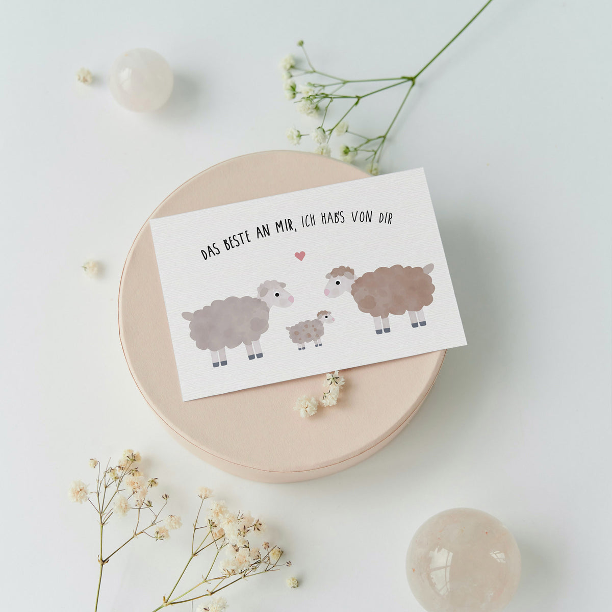 Postkarte mit zwei Schafen und einem Baby dem Schriftzug „Das Beste an mir, ich habs von dir“ im niedlichen Design, ideal als Grußkarte für besondere Anlässe.