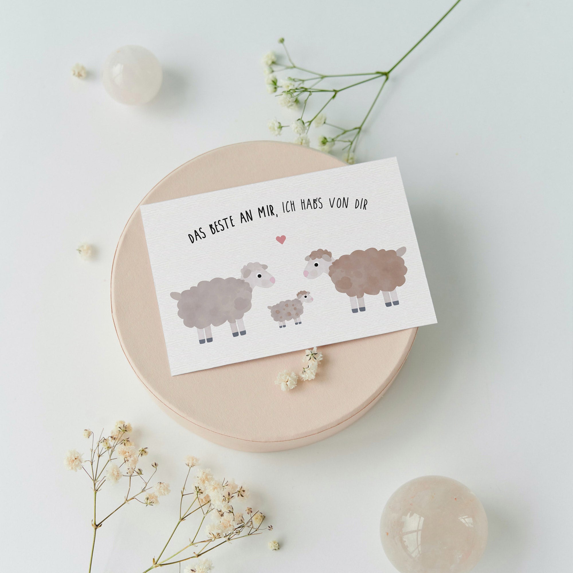 Postkarte mit zwei Schafen und einem Baby dem Schriftzug „Das Beste an mir, ich habs von dir“ im niedlichen Design, ideal als Grußkarte für besondere Anlässe.