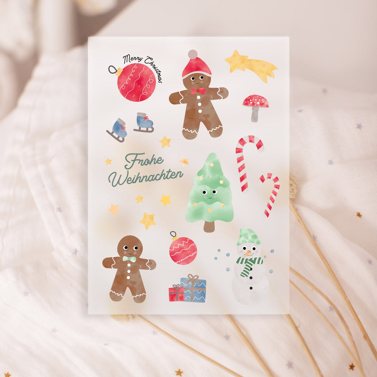 Eine Weihnachtskarte mit bunten Illustrationen, darunter Lebkuchenmännchen, eine Weihnachtskugel, ein Weihnachtsbaum, ein Schneemann, Zuckerstangen, ein Geschenk und Schlittschuhe. Der Text "Frohe Weihnachten" ist in der Mitte zu sehen. Die Farben sind festlich und fröhlich, perfekt für die Weihnachtszeit.