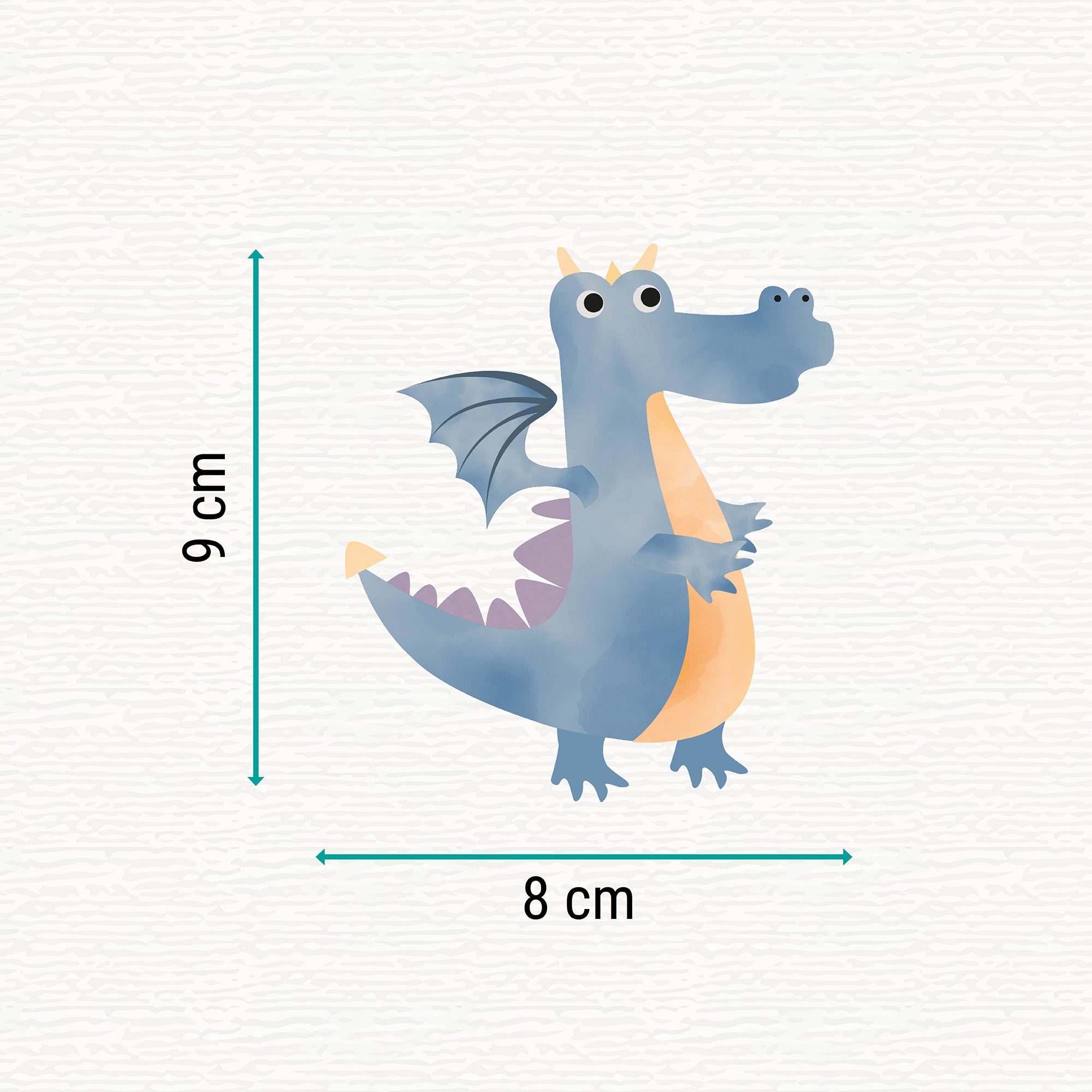 Bügelbild mit blauem Drachen im verspielten Wunderland-Design, perfekt zum Aufbügeln auf Kinderkleidung und Accessoires.