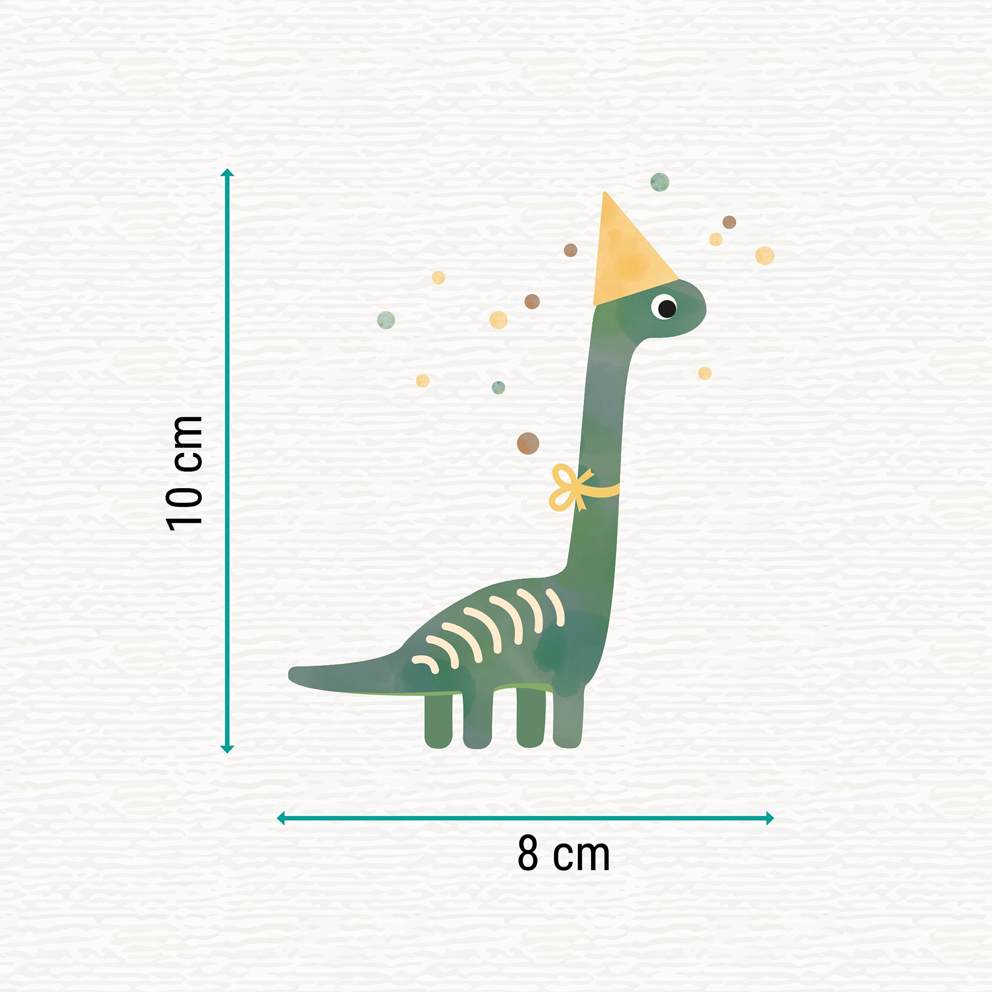 Bügelbild mit Dino und Partyhut im fröhlichen Design, perfekt zum Aufbügeln auf Kinderkleidung und Accessoires.