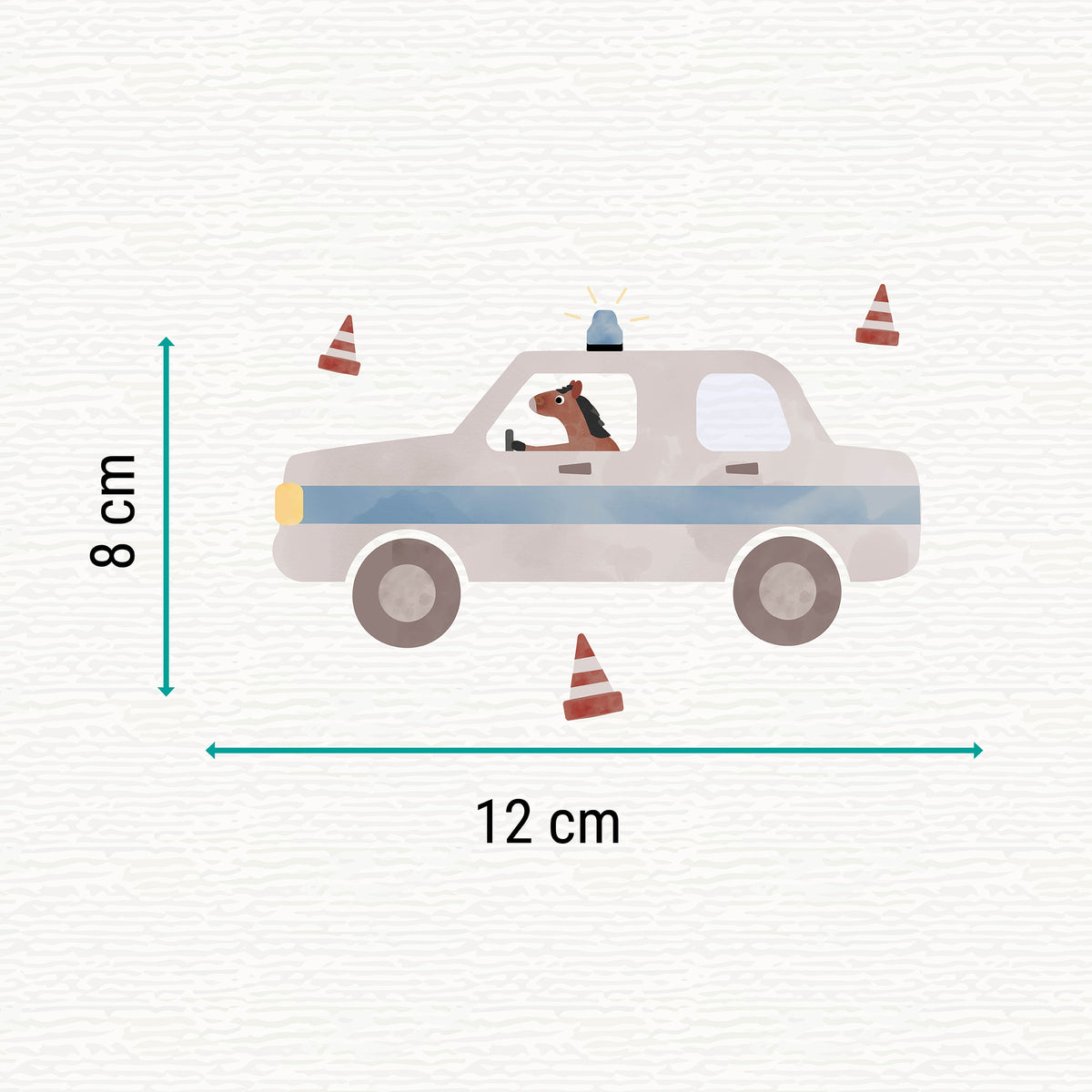 Bügelbild mit der Illustration eines Polizeiautos in dem ein Pferd sitzt