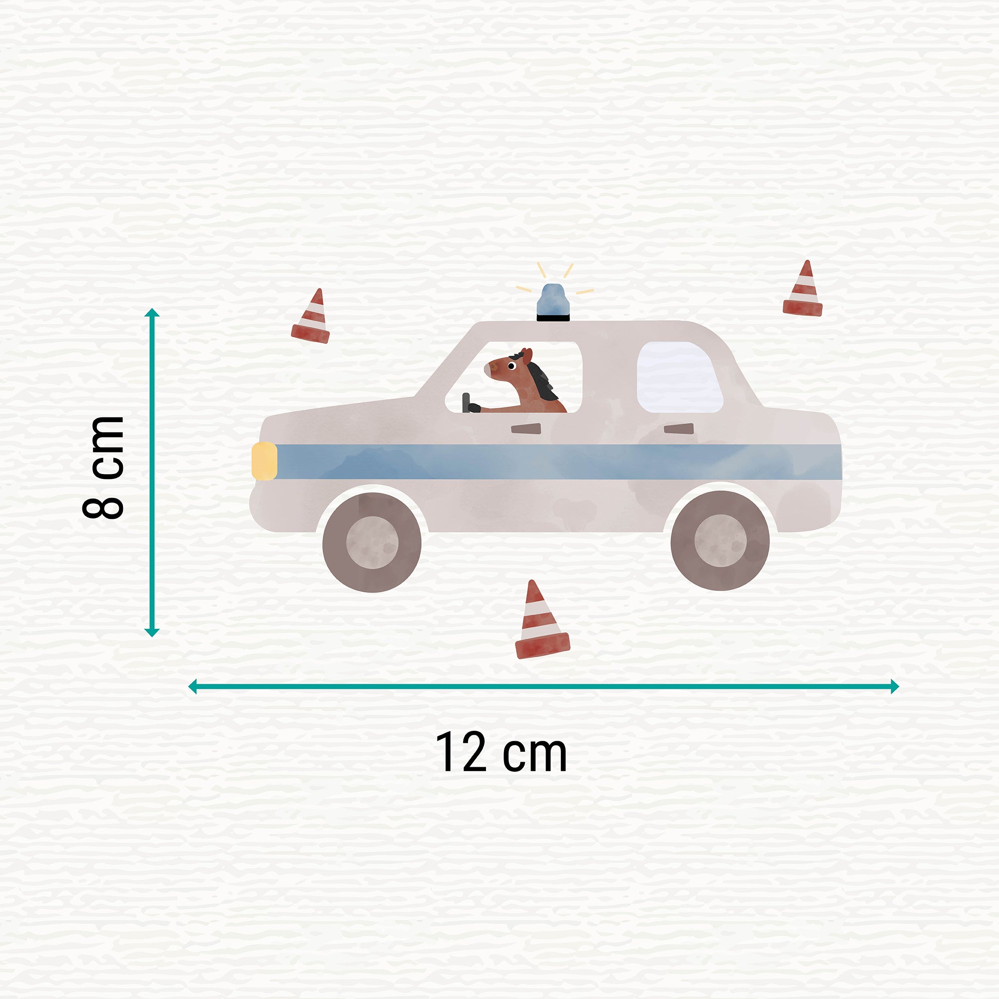 Bügelbild mit der Illustration eines Polizeiautos in dem ein Pferd sitzt