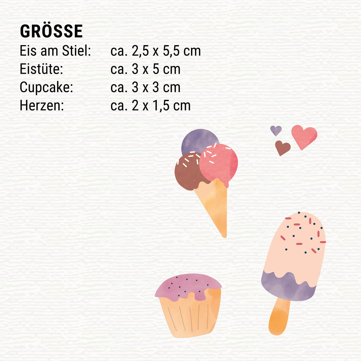 Bügelbild mit Cupcake und Eis im verspielten Wunderland-Design, ideal zum Aufbügeln auf Kinderkleidung und Accessoires.