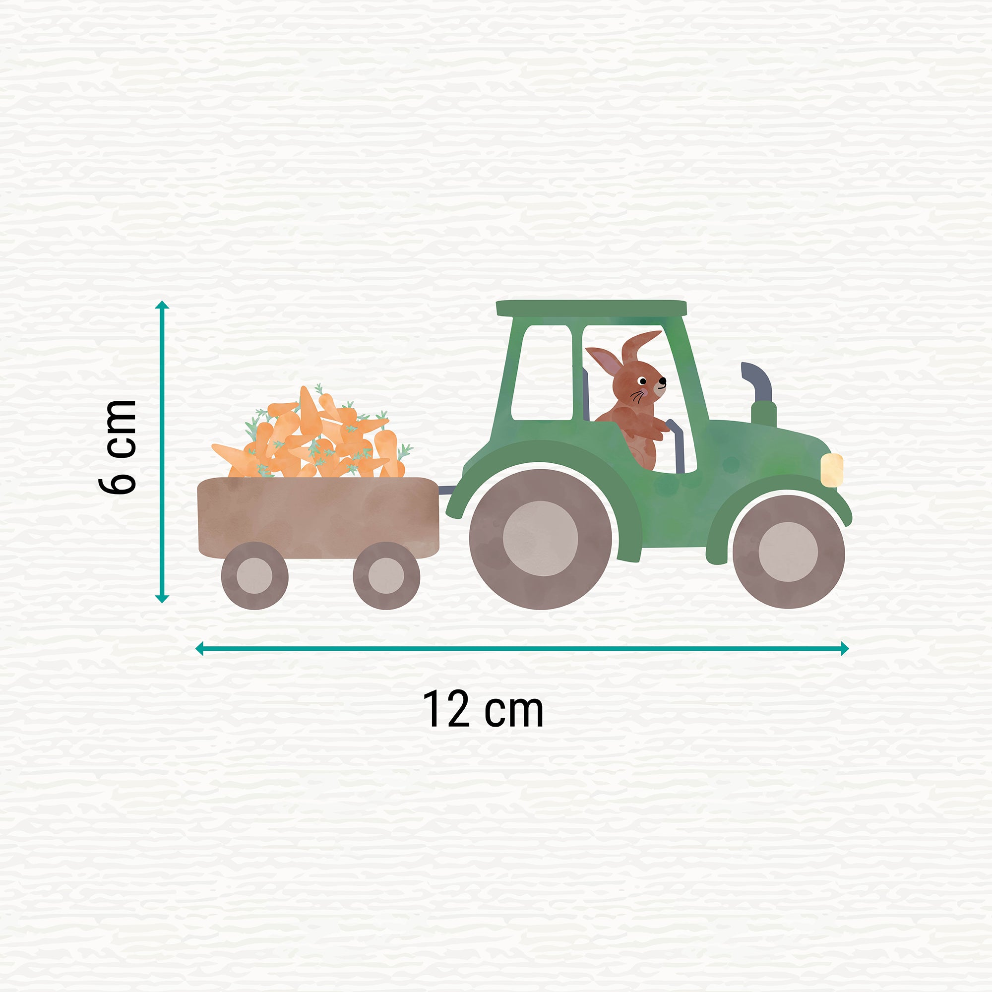 Bügelbild mit der Illustration eines grünen Traktors mit einem Hasen darin und einem Anhänger voller Karotten