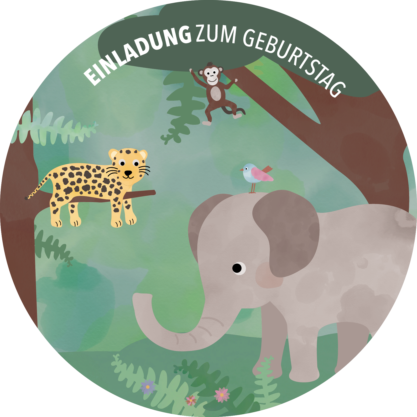 Geburtstagseinladung mit Dschungelmotiven und Tieren im fröhlichen Design, ideal für Kindergeburtstage.