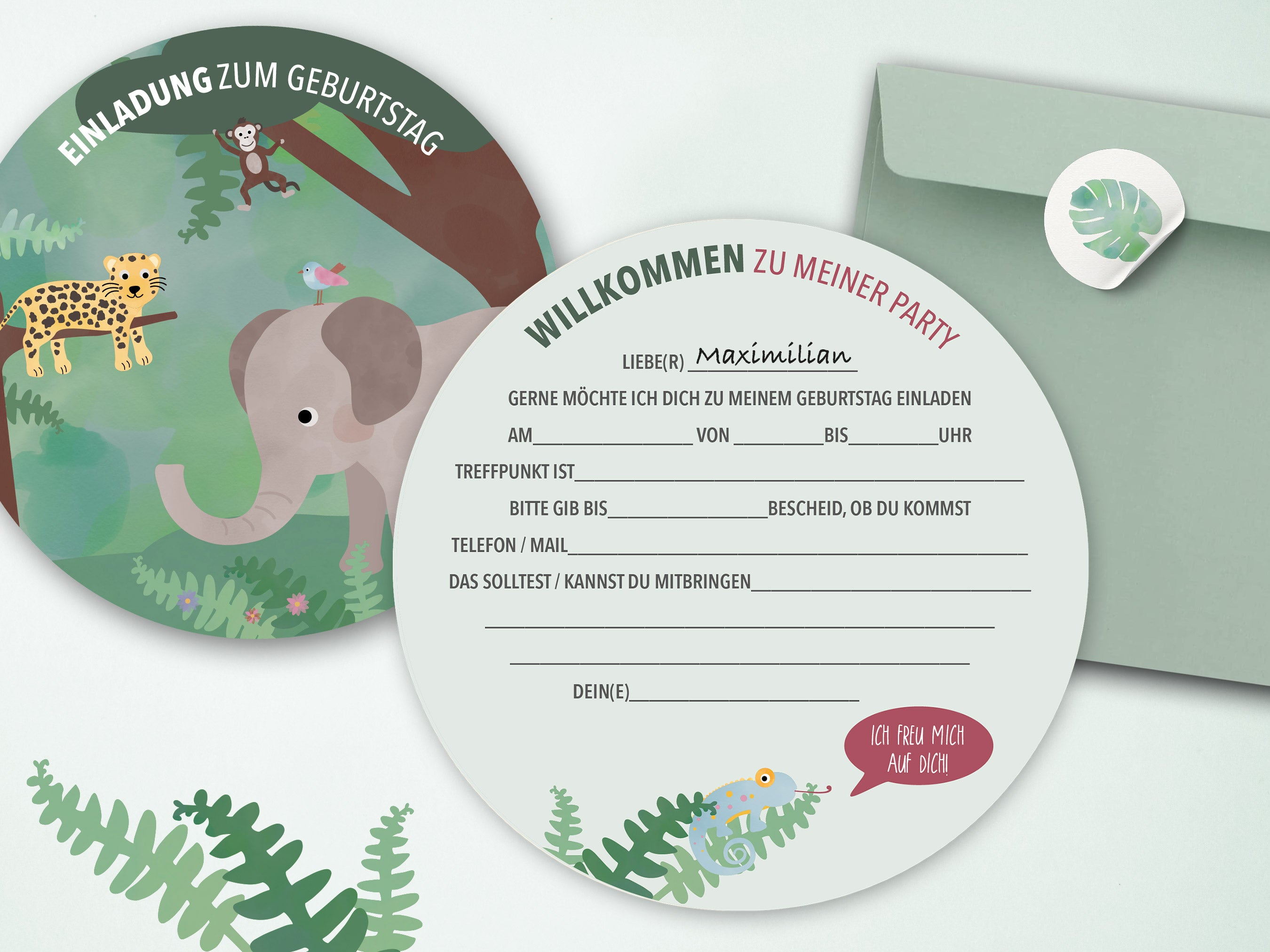 Geburtstagseinladung mit Dschungelmotiven und Tieren im fröhlichen Design, ideal für Kindergeburtstage.