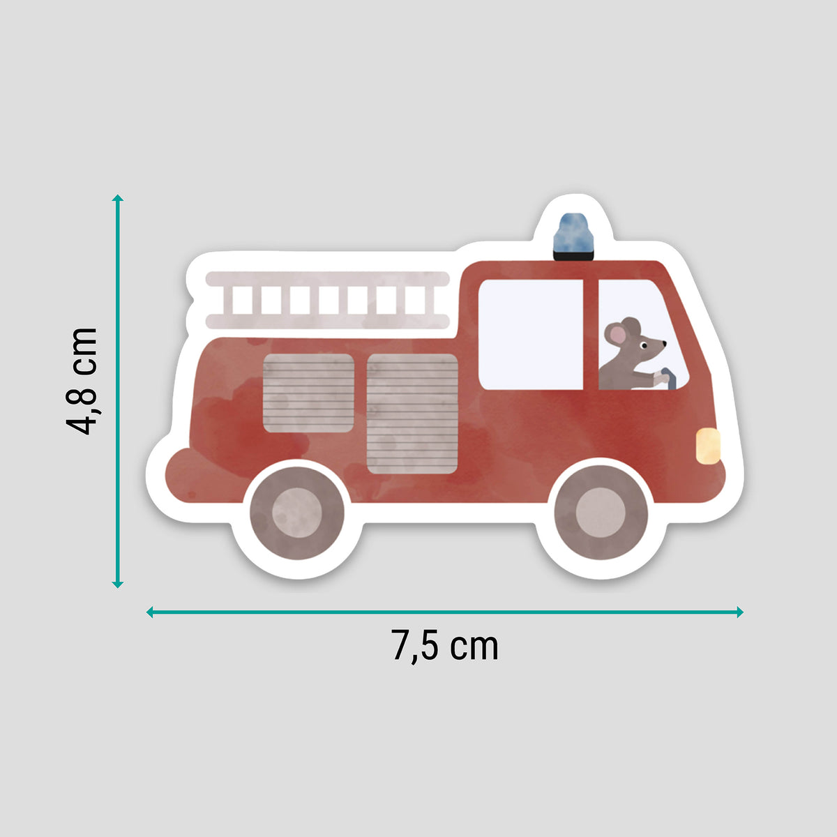 Leuchtend roter Feuerwehr-Sticker mit niedlichen Details, spülmaschinenfest und wasserfest – ideal für Kinderflaschen, Brotdosen und mehr. Hochwertiges byClou Design für kleine Feuerwehrfans