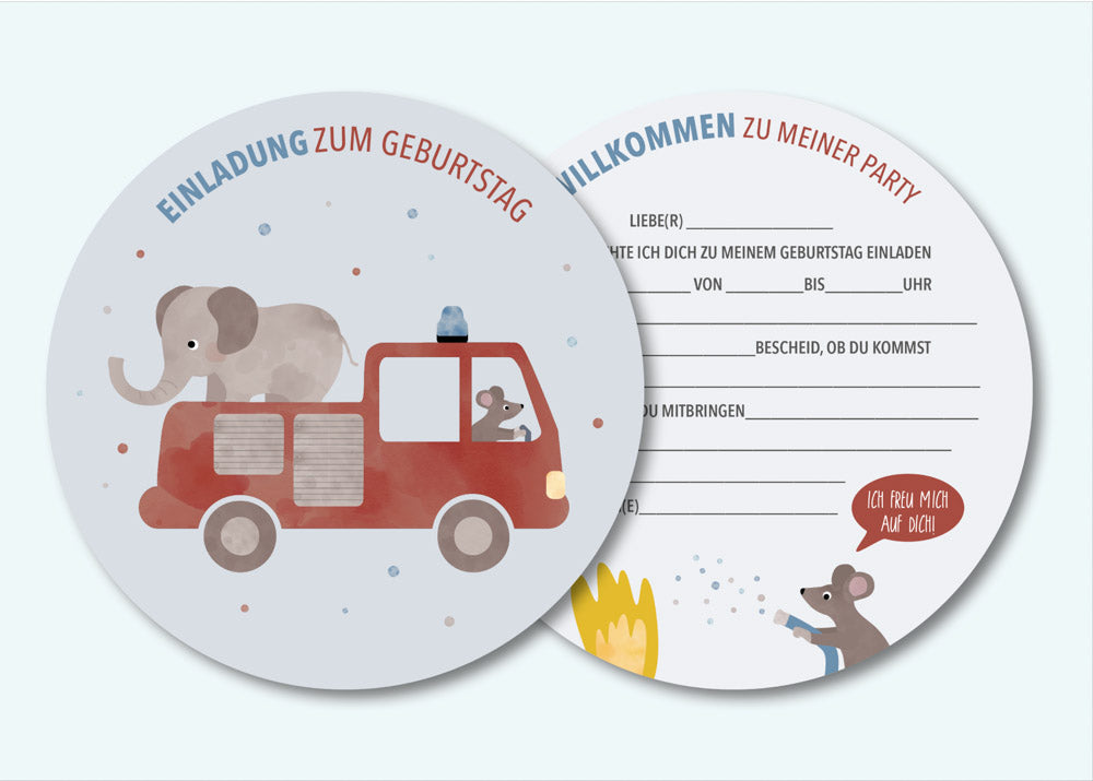 Geburtstagseinladung mit Feuerwehr-Motiven im fröhlichen Design, zum Ausfüllen für Kindergeburtstage, ideal für Partys mit Feuerwehr-Motto.