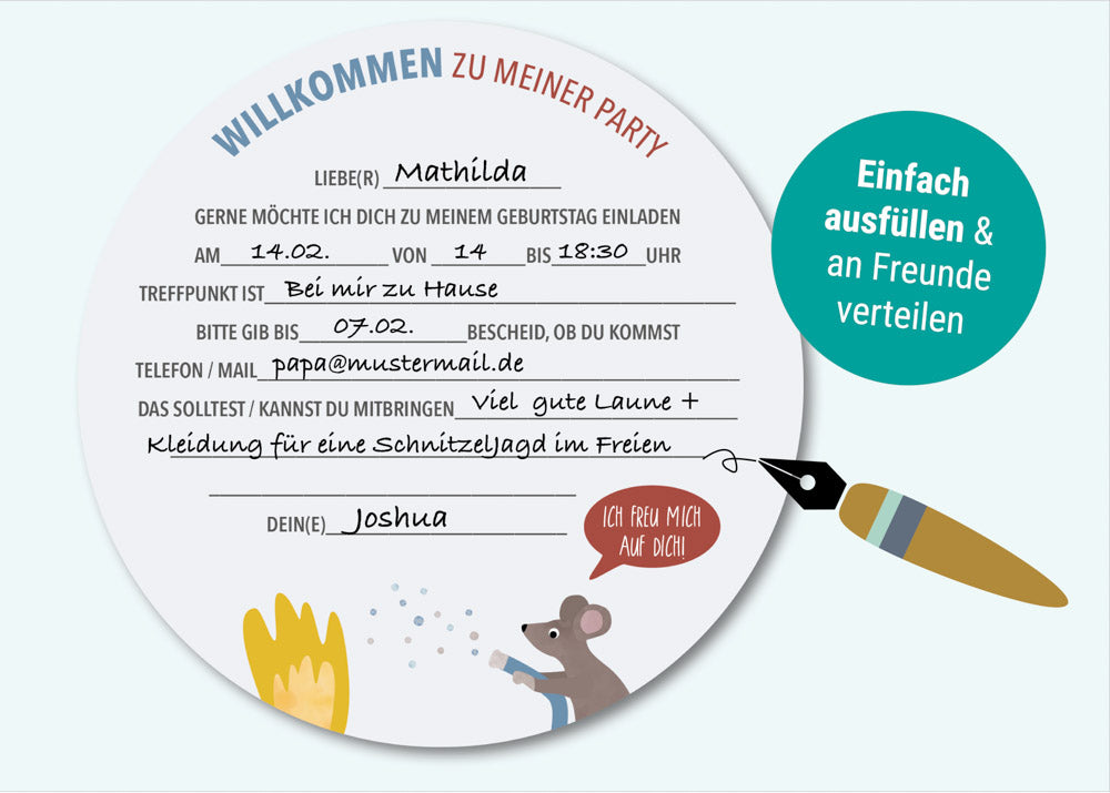Geburtstagseinladung mit Feuerwehr-Motiven im fröhlichen Design, zum Ausfüllen für Kindergeburtstage, ideal für Partys mit Feuerwehr-Motto.