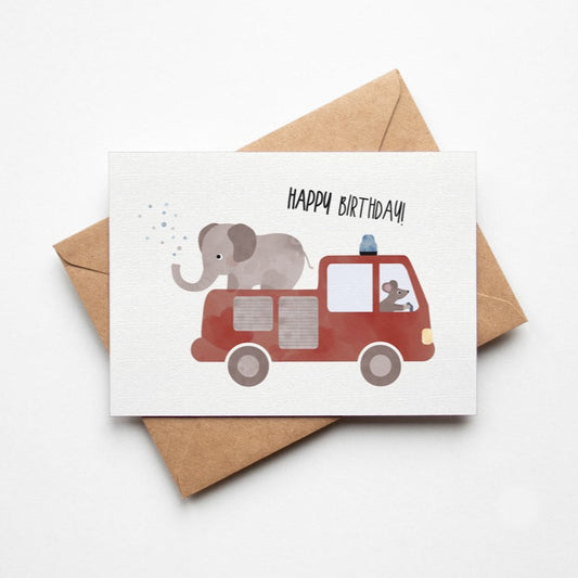 Postkarte mit einem Feuerwehrauto, einer Maus und einem Elefanten