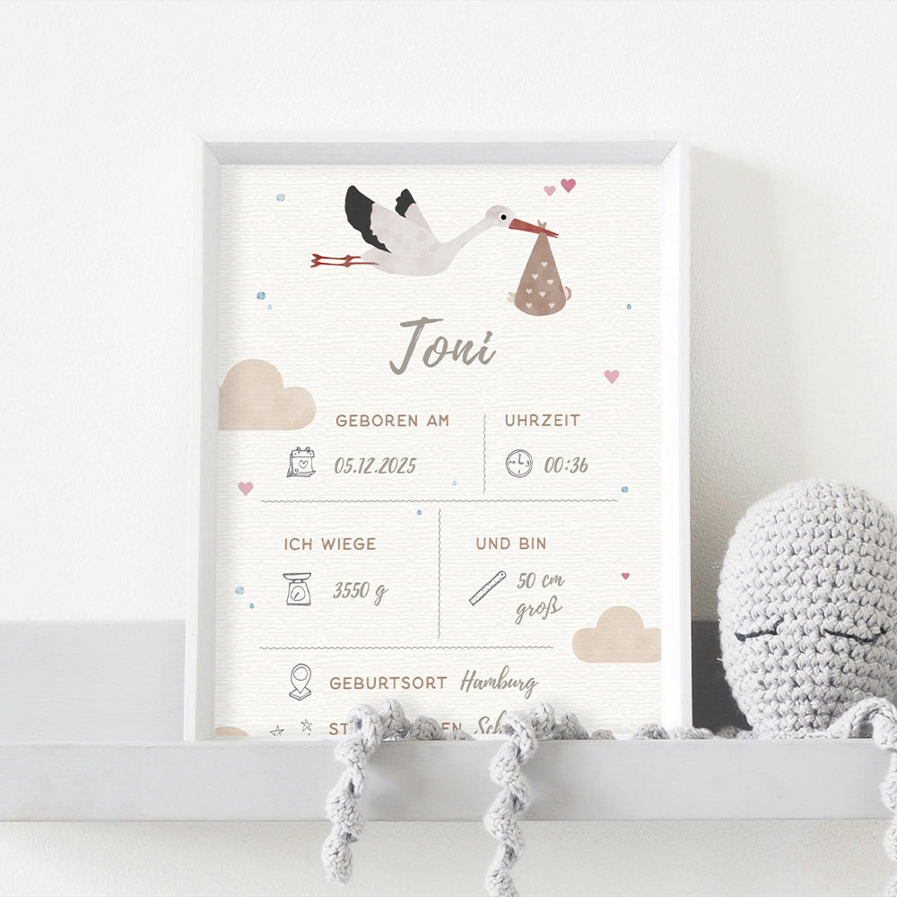 Geburtsposter personalisiert - Storch