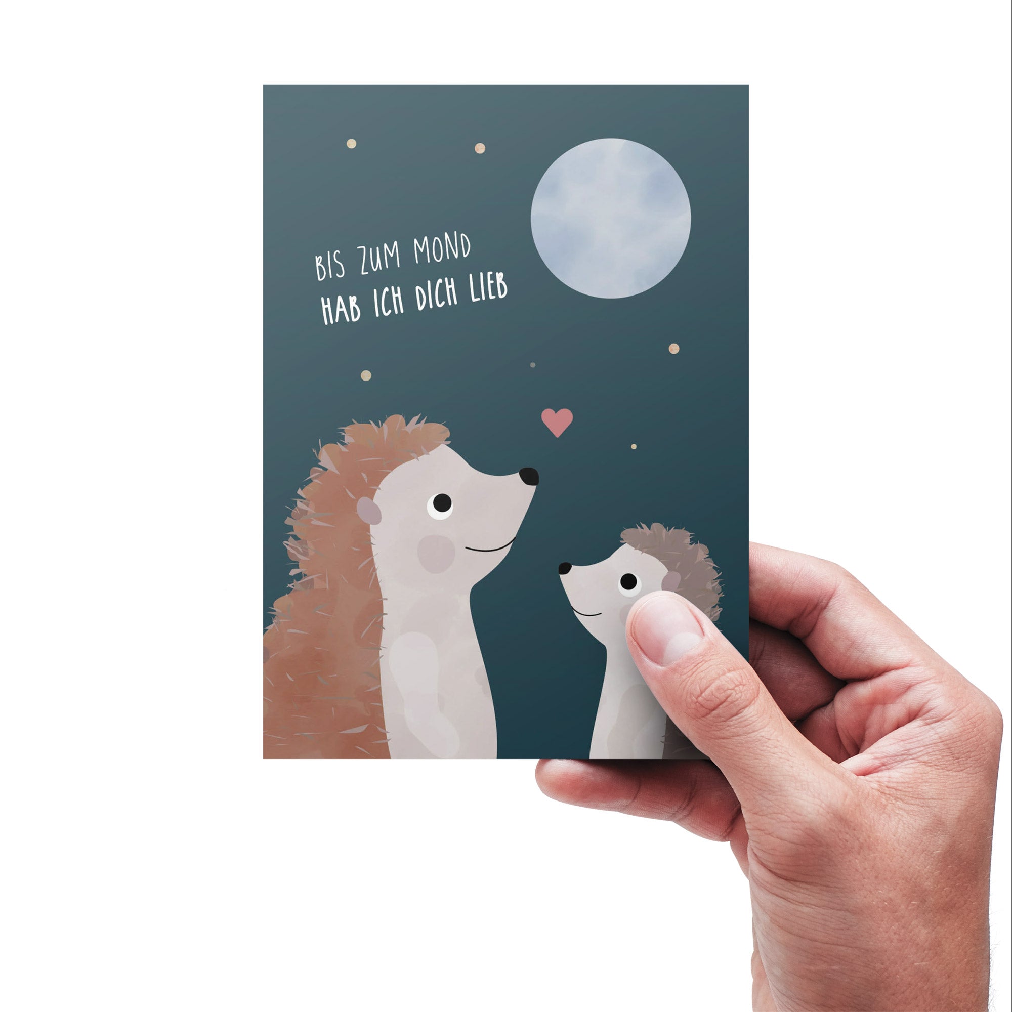Postkarte mit zwei Igeln und dem Schriftzug „Bis zum Mond hab ich dich lieb“ im niedlichen Design, ideal als Grußkarte oder kleines Geschenk.
