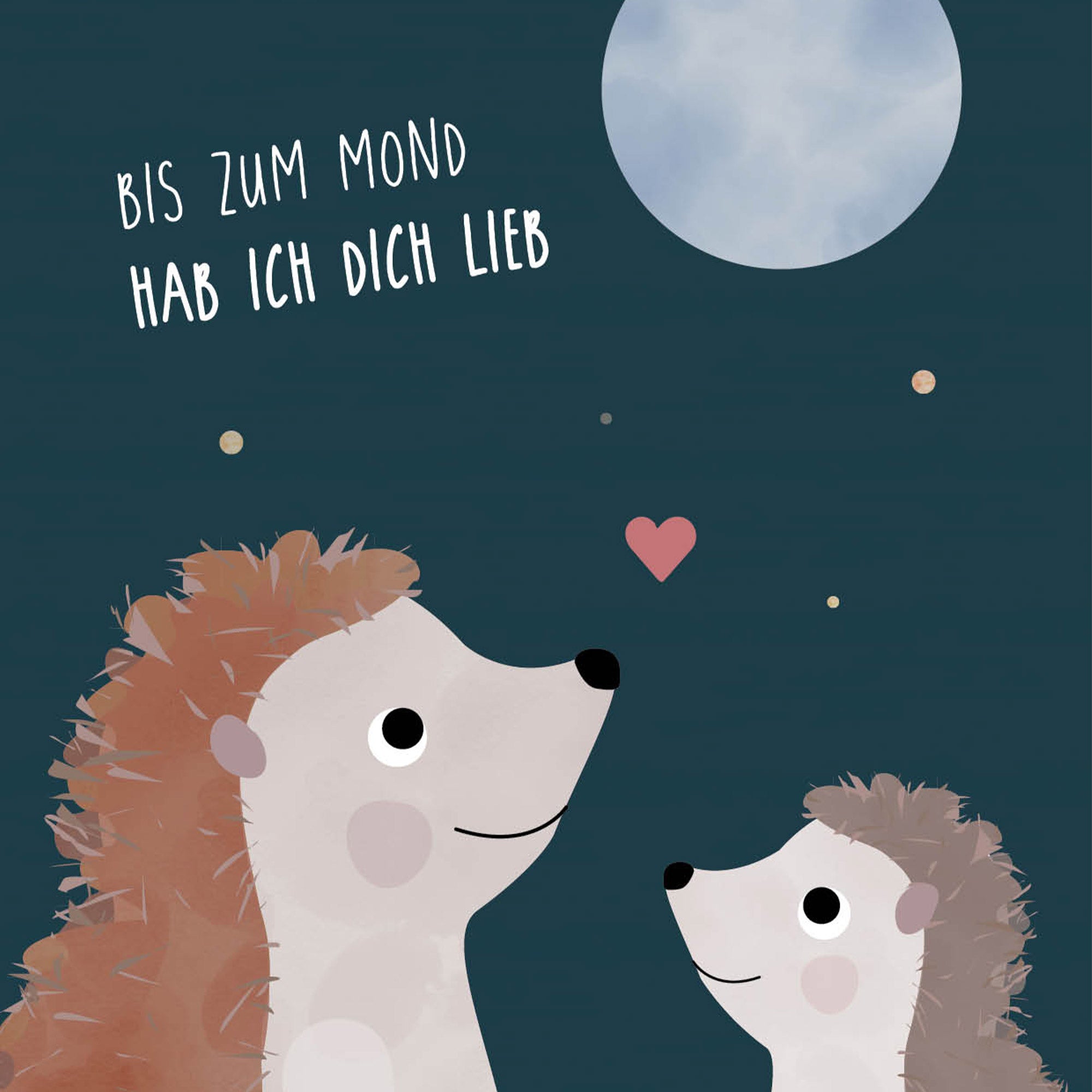 Postkarte mit zwei Igeln und dem Schriftzug „Bis zum Mond hab ich dich lieb“ im niedlichen Design, ideal als Grußkarte oder kleines Geschenk.