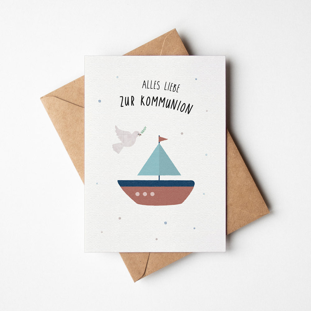 Kommunionskarte mit weißer Taube und Olivenzweig auf hellblauem Hintergrund – Aufschrift ‚Alles Liebe zur Kommunion‘ – zarte, symbolstarke Illustration von by Clou