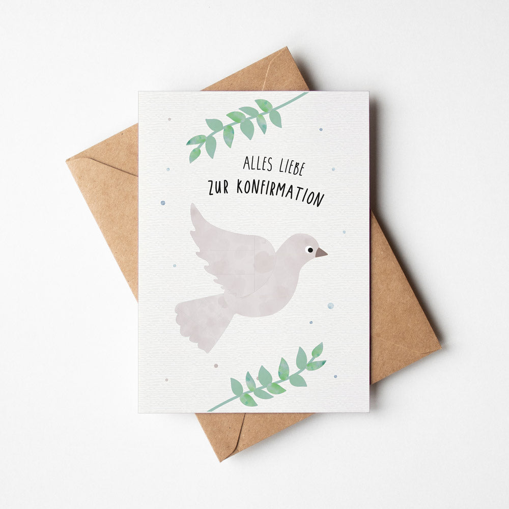 Konfirmationskarte mit weißer Taube und Olivenzweig auf zartgrünem Hintergrund – Aufschrift ‚Alles Liebe zur Konfirmation‘ – stilvolle, symbolhafte Illustration von byClou