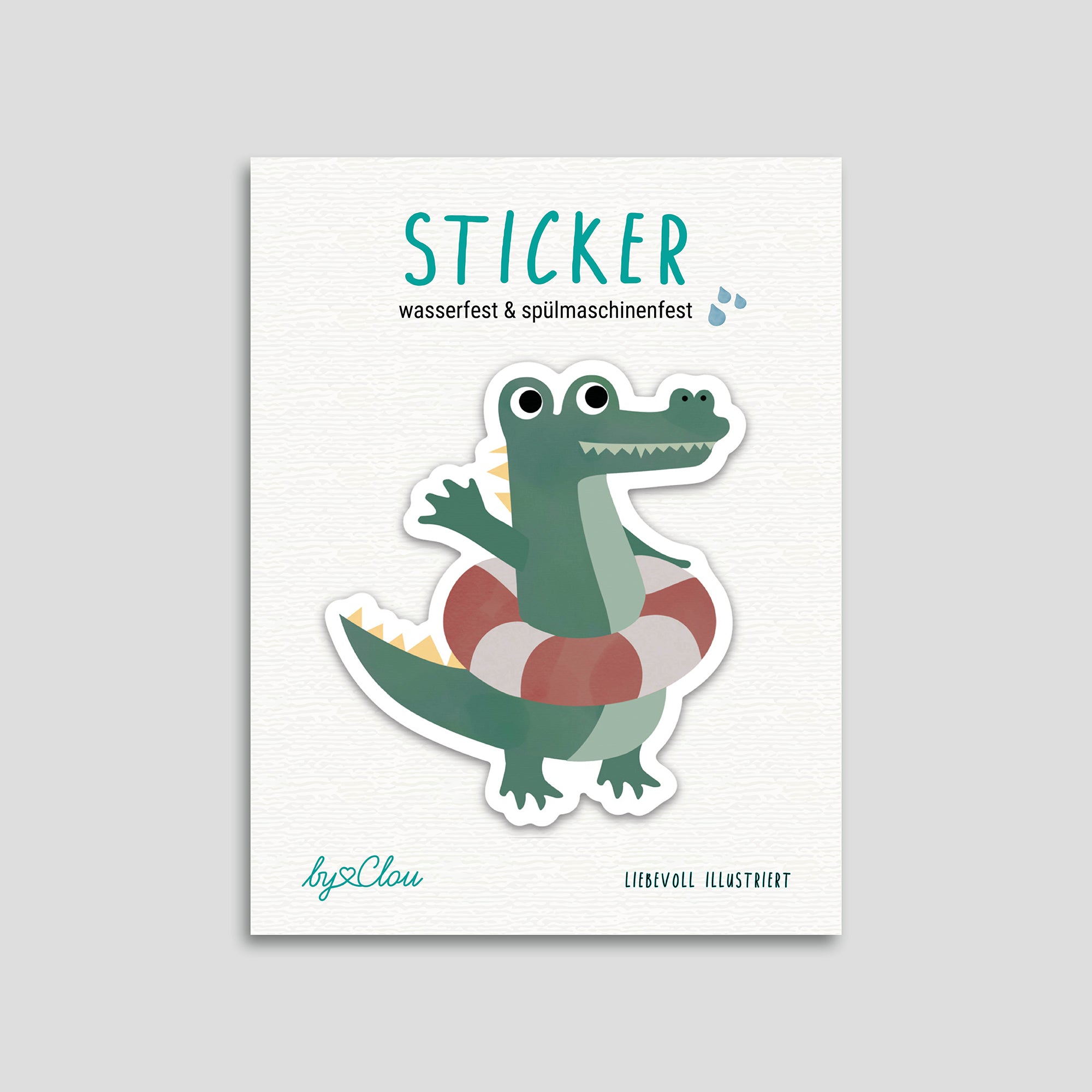 Fröhlicher Krokodil-Sticker mit Schwimmflügeln, spülmaschinenfest und wasserfest – ideal für Brotdosen, Trinkflaschen und mehr. Liebevoll illustriert im typischen byClou Stil