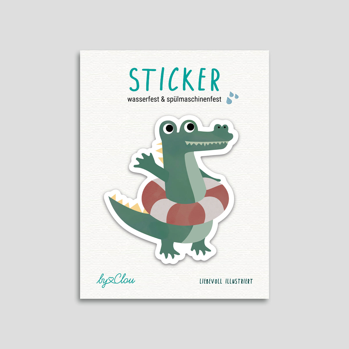 Fröhlicher Krokodil-Sticker mit Schwimmflügeln, spülmaschinenfest und wasserfest – ideal für Brotdosen, Trinkflaschen und mehr. Liebevoll illustriert im typischen byClou Stil