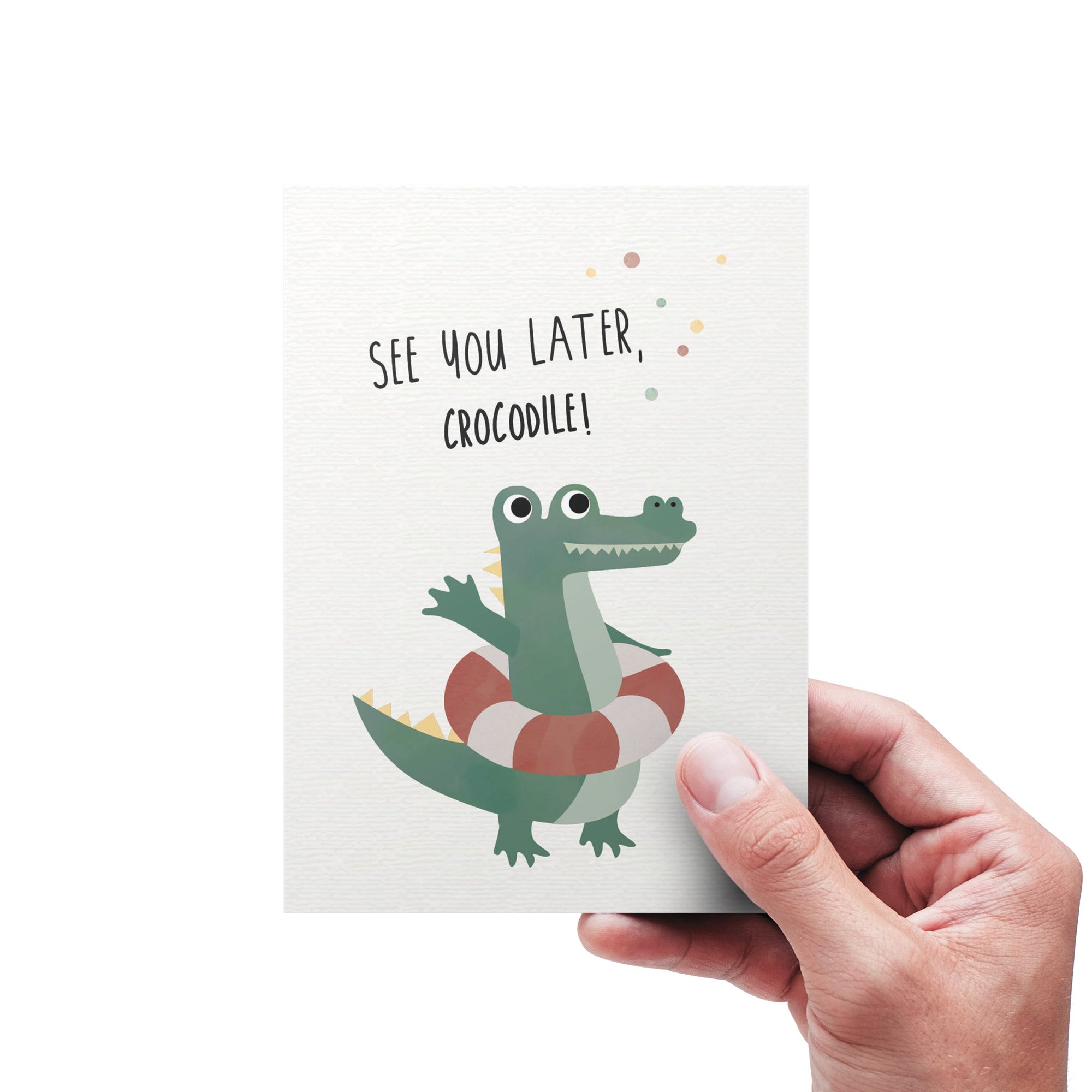 Postkarte mit Krokodil und dem Schriftzug „See you later, crocodile“ im verspielten Design, ideal als Abschiedsgruß oder kleine Aufmerksamkeit.