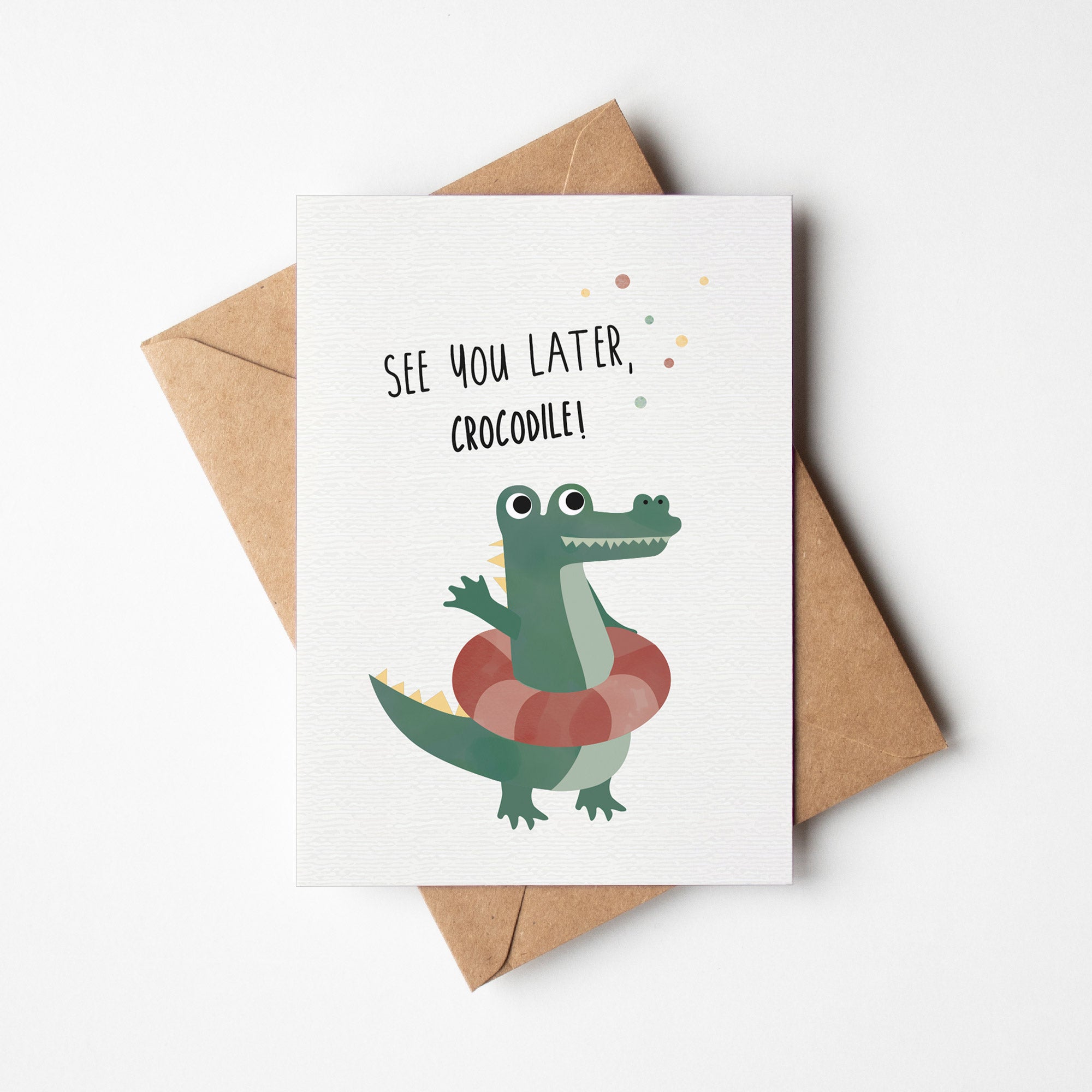 Postkarte mit Krokodil und dem Schriftzug „See you later, crocodile“ im verspielten Design, ideal als Abschiedsgruß oder kleine Aufmerksamkeit.