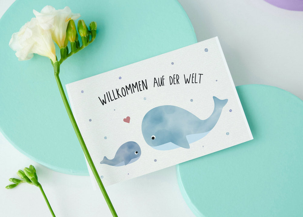 Postkarte - Wal "Willkommen auf der Welt"