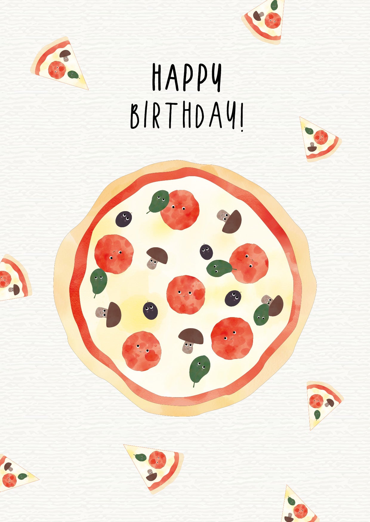 Grußkarte mit der Illustration eines Stücks Pizza und dem Text „Happy Birthday“ auf hellem Hintergrund