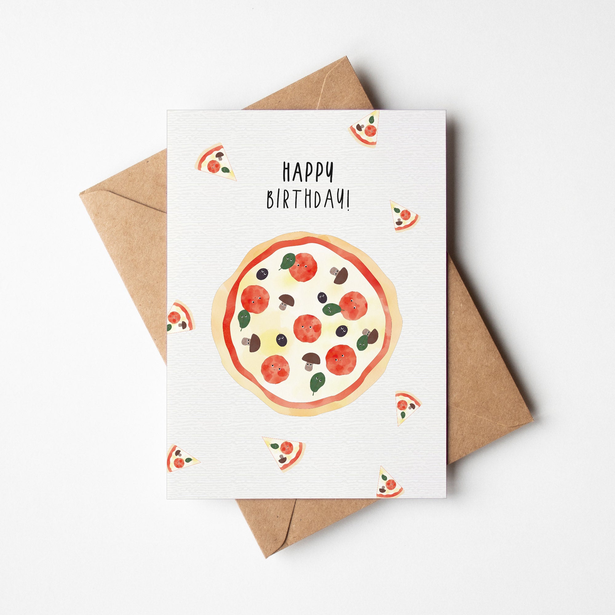 Grußkarte mit der Illustration eines Stücks Pizza und dem Text „Happy Birthday“ auf hellem Hintergrund