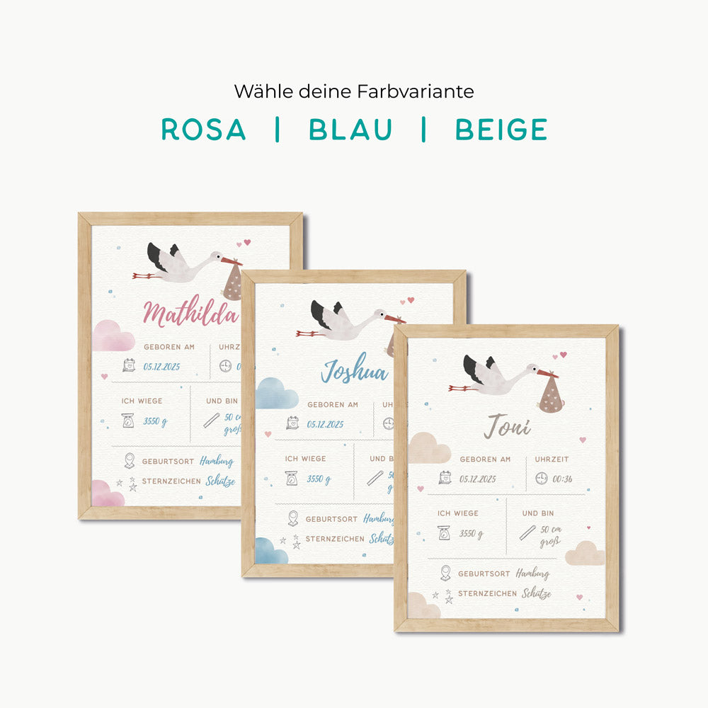 Geburtsposter personalisiert - Storch