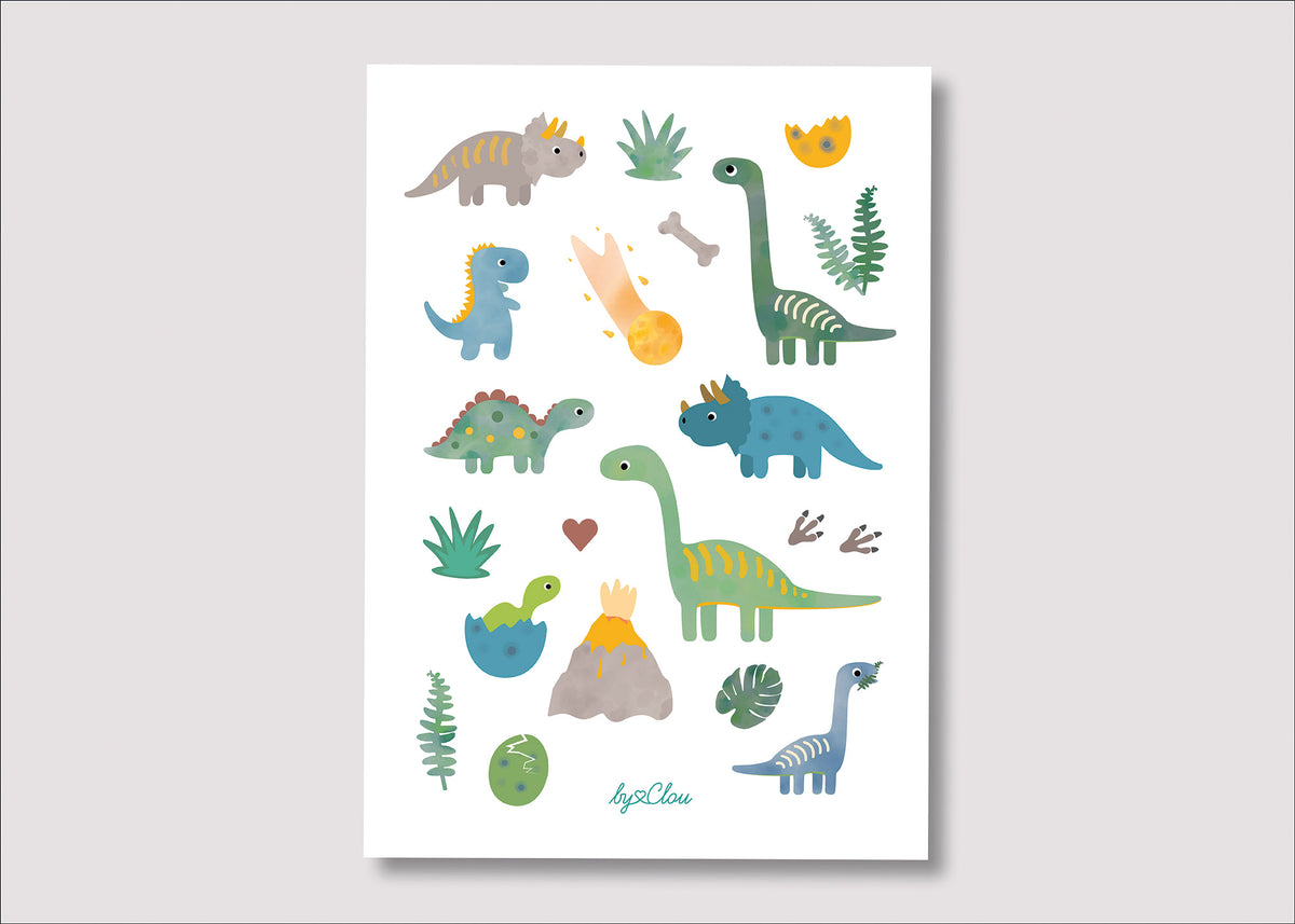 Bogen mit temporären Kindertattoos im Dinosaurier-Design – mit fröhlich illustrierten Dinos wie T-Rex, Triceratops und Stegosaurus. Ein Dino-Spaß für kleine Entdecker:innen
