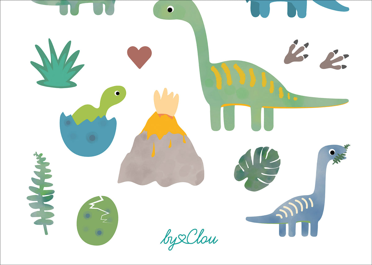 Bogen mit temporären Kindertattoos im Dinosaurier-Design – mit fröhlich illustrierten Dinos wie T-Rex, Triceratops und Stegosaurus. Ein Dino-Spaß für kleine Entdecker:innen