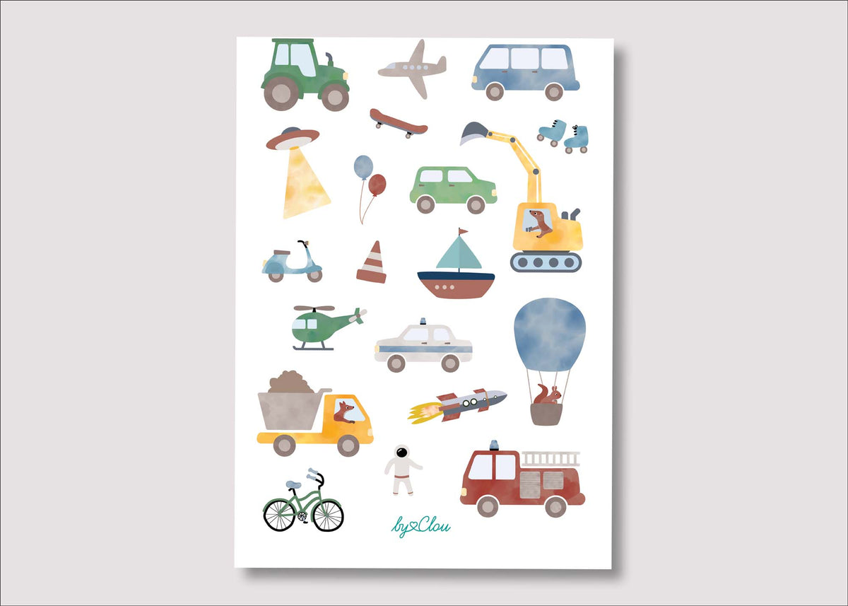 Bogen mit temporären Kindertattoos rund ums Thema Fahrzeuge – mit bunten Illustrationen von Flugzeug, Feuerwehr, Traktor, Auto, Bagger und Co. Ein Highlight für kleine Fahrzeug-Fans