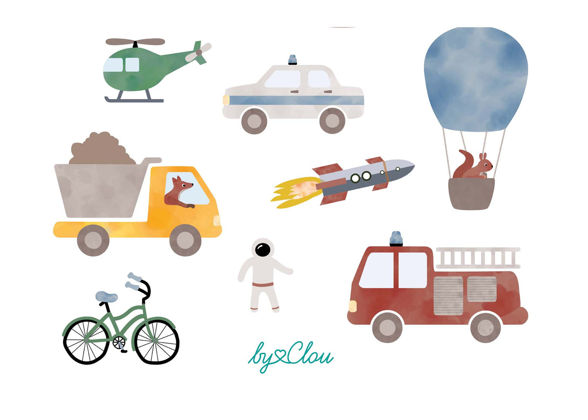 Bogen mit temporären Kindertattoos rund ums Thema Fahrzeuge – mit bunten Illustrationen von Flugzeug, Feuerwehr, Traktor, Auto, Bagger und Co. Ein Highlight für kleine Fahrzeug-Fans