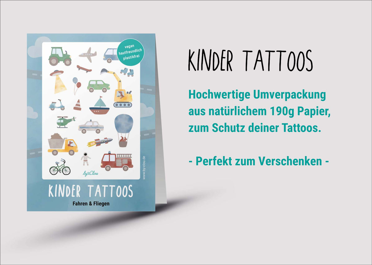 Bogen mit temporären Kindertattoos rund ums Thema Fahrzeuge – mit bunten Illustrationen von Flugzeug, Feuerwehr, Traktor, Auto, Bagger und Co. Ein Highlight für kleine Fahrzeug-Fans