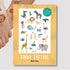 Bogen mit temporären Kindertattoos im Safari-Design – mit süßen Illustrationen von Elefant, Giraffe, Zebra, Löwe und weiteren Savannentieren. Ideal als Geschenk oder Mitgebsel für Kinder