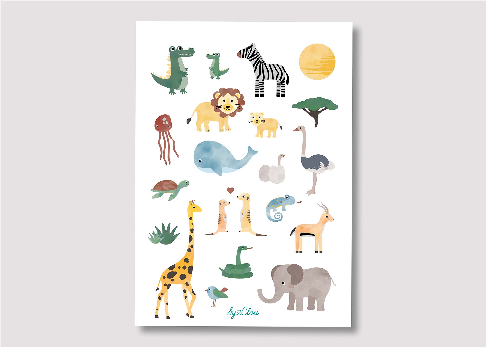 Bogen mit temporären Kindertattoos im Safari-Design – mit süßen Illustrationen von Elefant, Giraffe, Zebra, Löwe und weiteren Savannentieren. Ideal als Geschenk oder Mitgebsel für Kinder