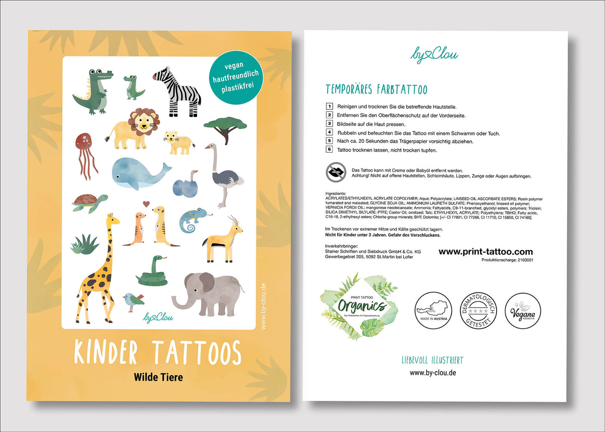 Bogen mit temporären Kindertattoos im Safari-Design – mit süßen Illustrationen von Elefant, Giraffe, Zebra, Löwe und weiteren Savannentieren. Ideal als Geschenk oder Mitgebsel für Kinder