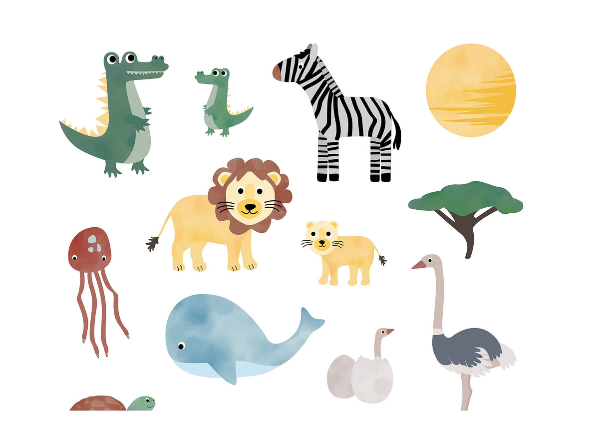 Bogen mit temporären Kindertattoos im Safari-Design – mit süßen Illustrationen von Elefant, Giraffe, Zebra, Löwe und weiteren Savannentieren. Ideal als Geschenk oder Mitgebsel für Kinder