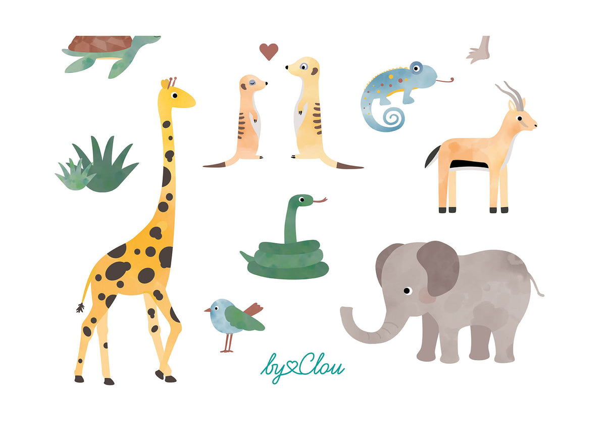 Bogen mit temporären Kindertattoos im Safari-Design – mit süßen Illustrationen von Elefant, Giraffe, Zebra, Löwe und weiteren Savannentieren. Ideal als Geschenk oder Mitgebsel für Kinder