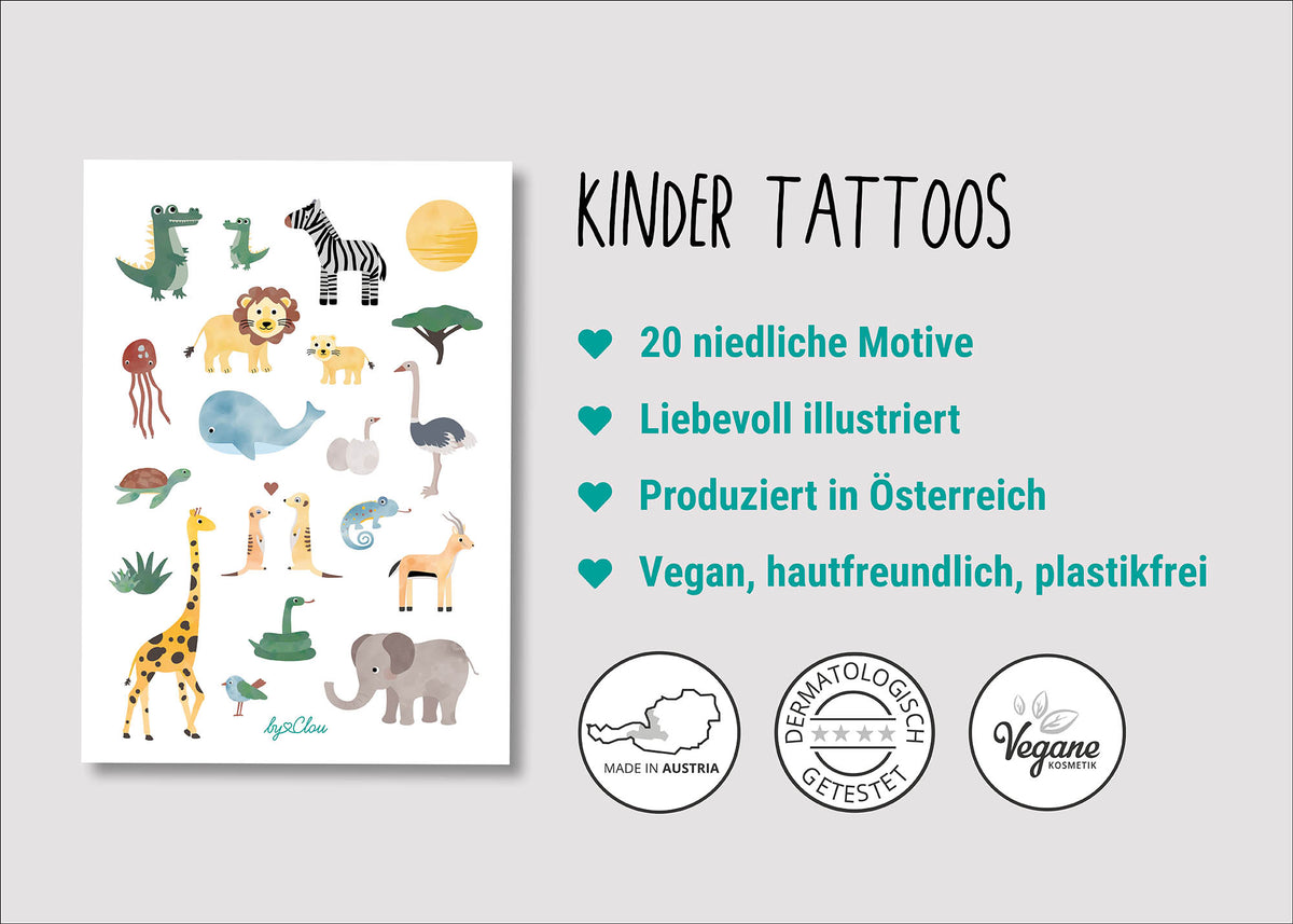 Bogen mit temporären Kindertattoos im Safari-Design – mit süßen Illustrationen von Elefant, Giraffe, Zebra, Löwe und weiteren Savannentieren. Ideal als Geschenk oder Mitgebsel für Kinder