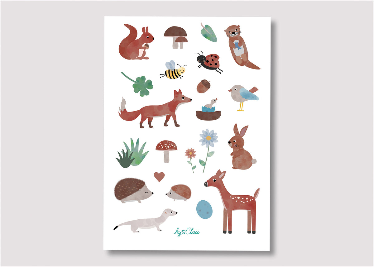 Bogen mit temporären Kindertattoos im Waldtiere-Design – mit liebevoll illustriertem Fuchs, Igel, Reh, Eichhörnchen und weiteren Waldbewohnern. Perfekt für Kindergeburtstage oder als kleines Mitbringsel.