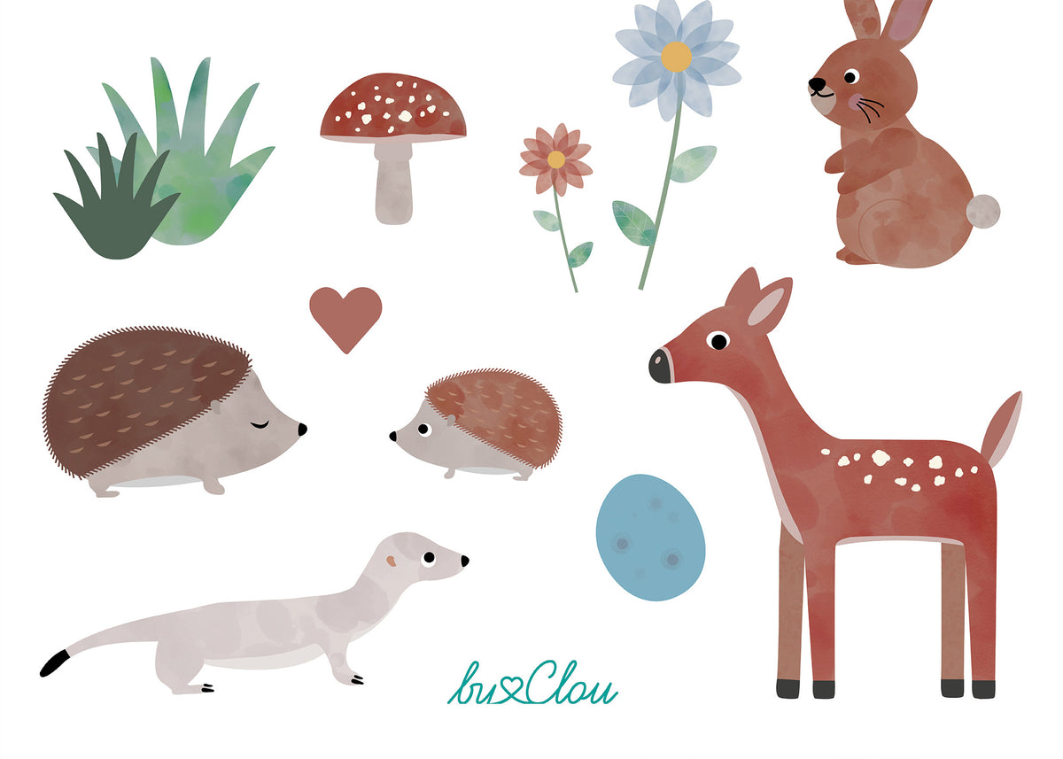 Bogen mit temporären Kindertattoos im Waldtiere-Design – mit liebevoll illustriertem Fuchs, Igel, Reh, Eichhörnchen und weiteren Waldbewohnern. Perfekt für Kindergeburtstage oder als kleines Mitbringsel.