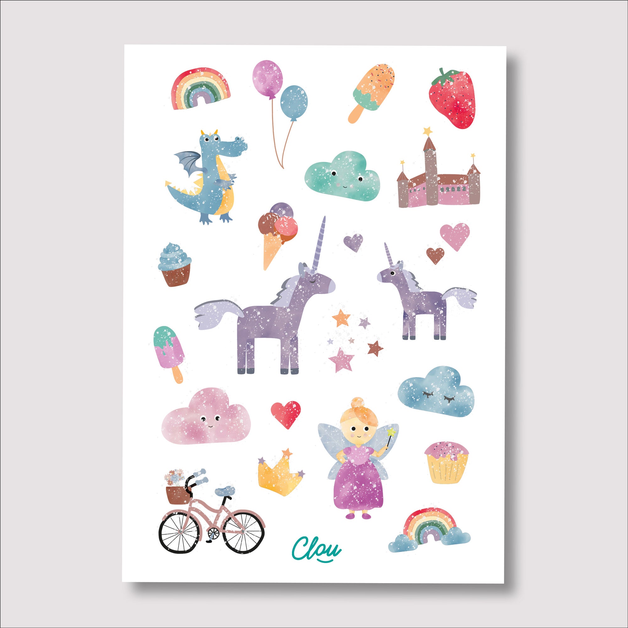 Bogen mit temporären Kindertattoos im Wunderland-Stil – mit zauberhaften Illustrationen von Einhorn, Regenbogen, Fee und weiteren fantasievollen Motiven. Perfekt für kleine Träumer:innen