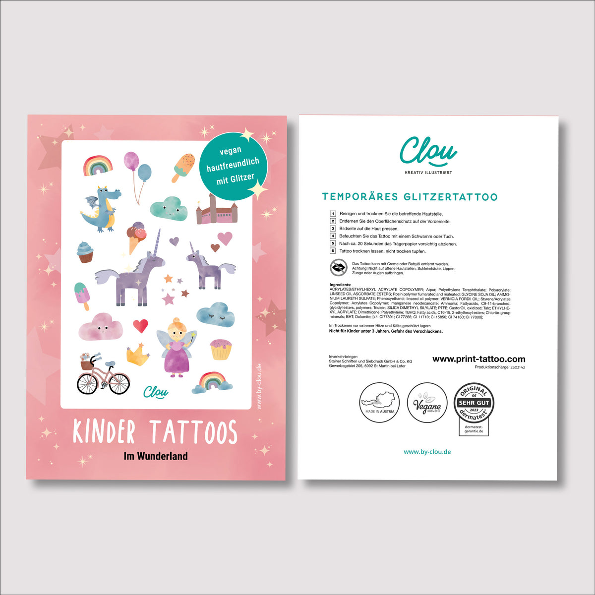 Bogen mit temporĂ€ren Kindertattoos im Wunderland-Stil â mit zauberhaften Illustrationen von Einhorn, Regenbogen, Fee und weiteren fantasievollen Motiven. Perfekt fĂŒr kleine TrĂ€umer:innen