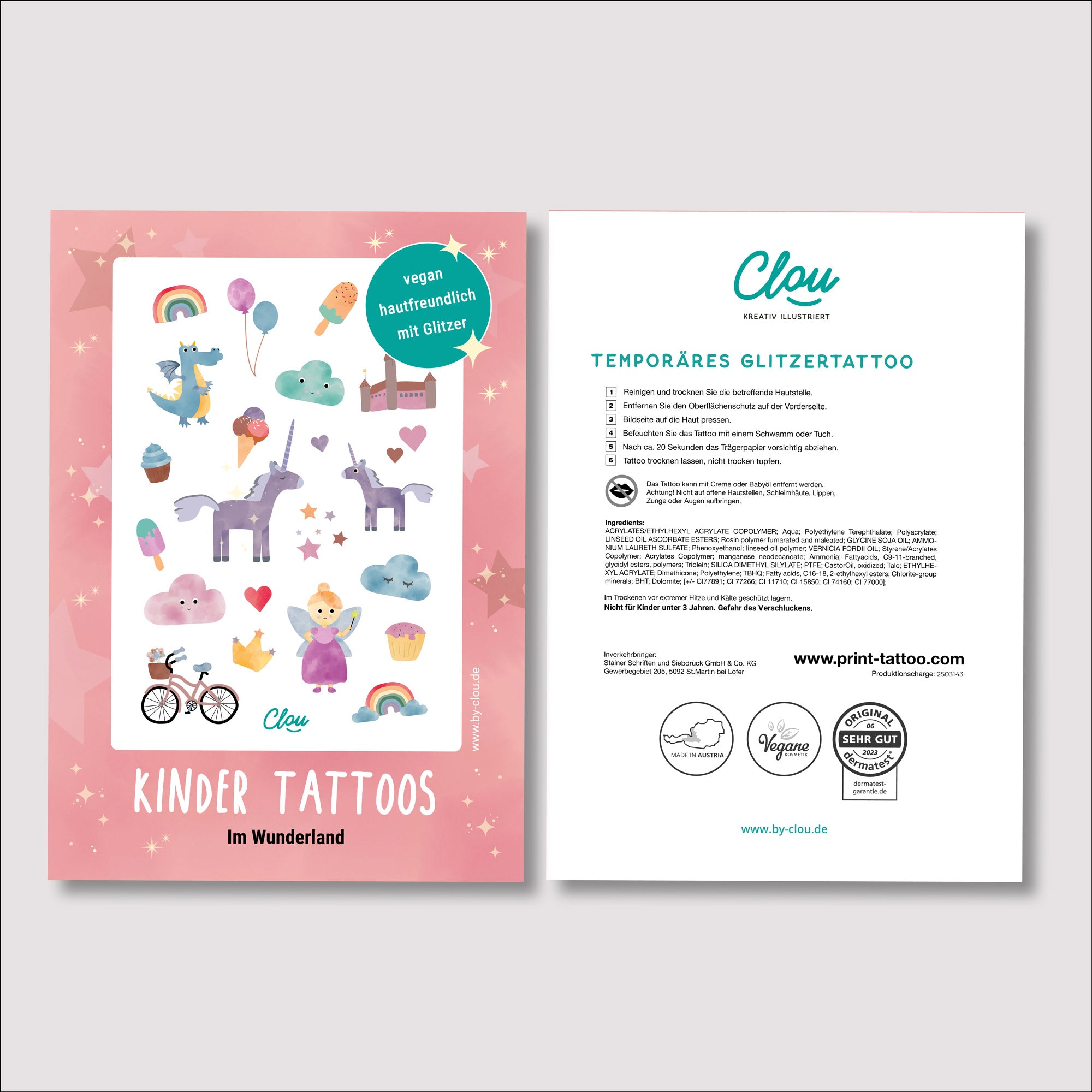 Bogen mit temporären Kindertattoos im Wunderland-Stil – mit zauberhaften Illustrationen von Einhorn, Regenbogen, Fee und weiteren fantasievollen Motiven. Perfekt für kleine Träumer:innen