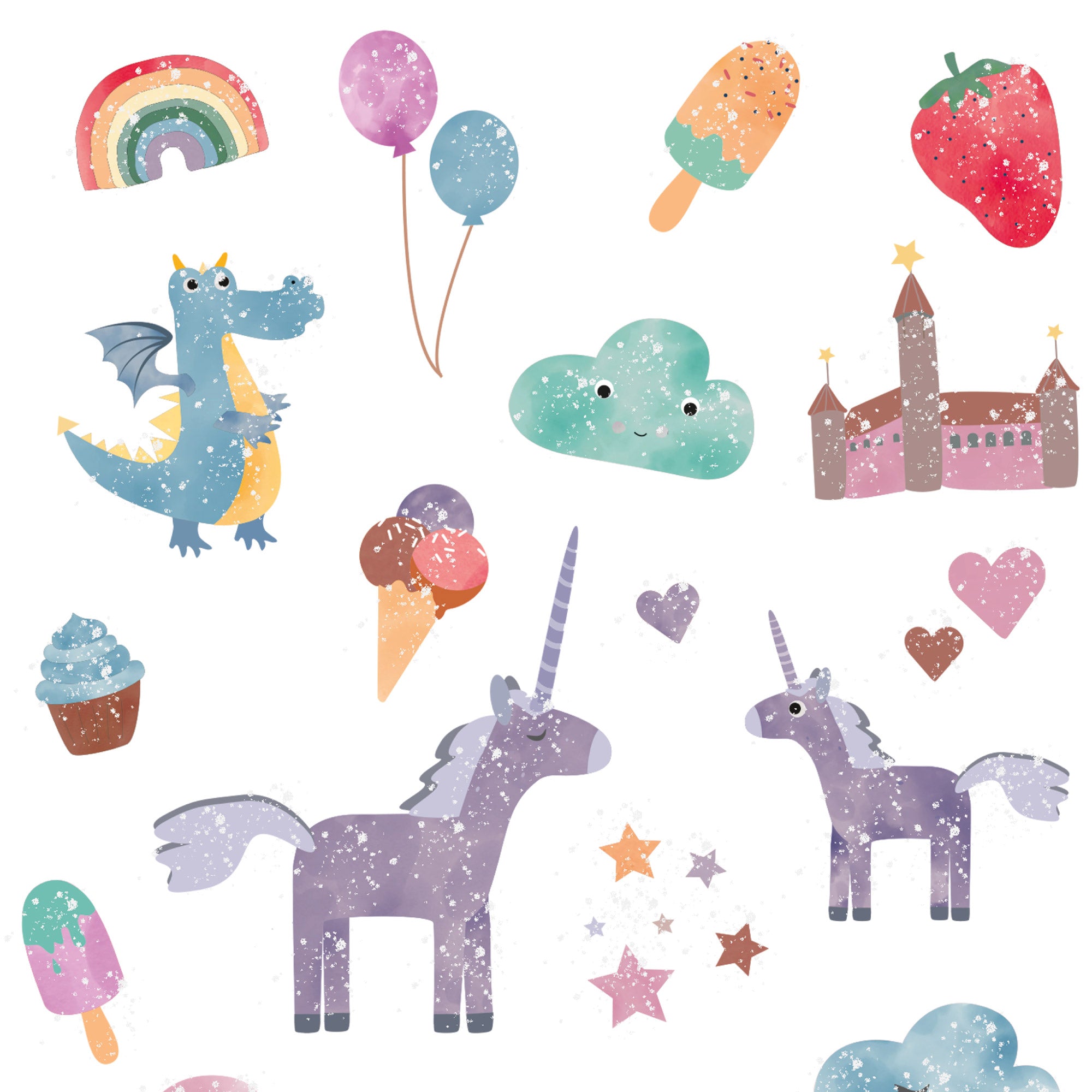 Bogen mit temporären Kindertattoos im Wunderland-Stil – mit zauberhaften Illustrationen von Einhorn, Regenbogen, Fee und weiteren fantasievollen Motiven. Perfekt für kleine Träumer:innen