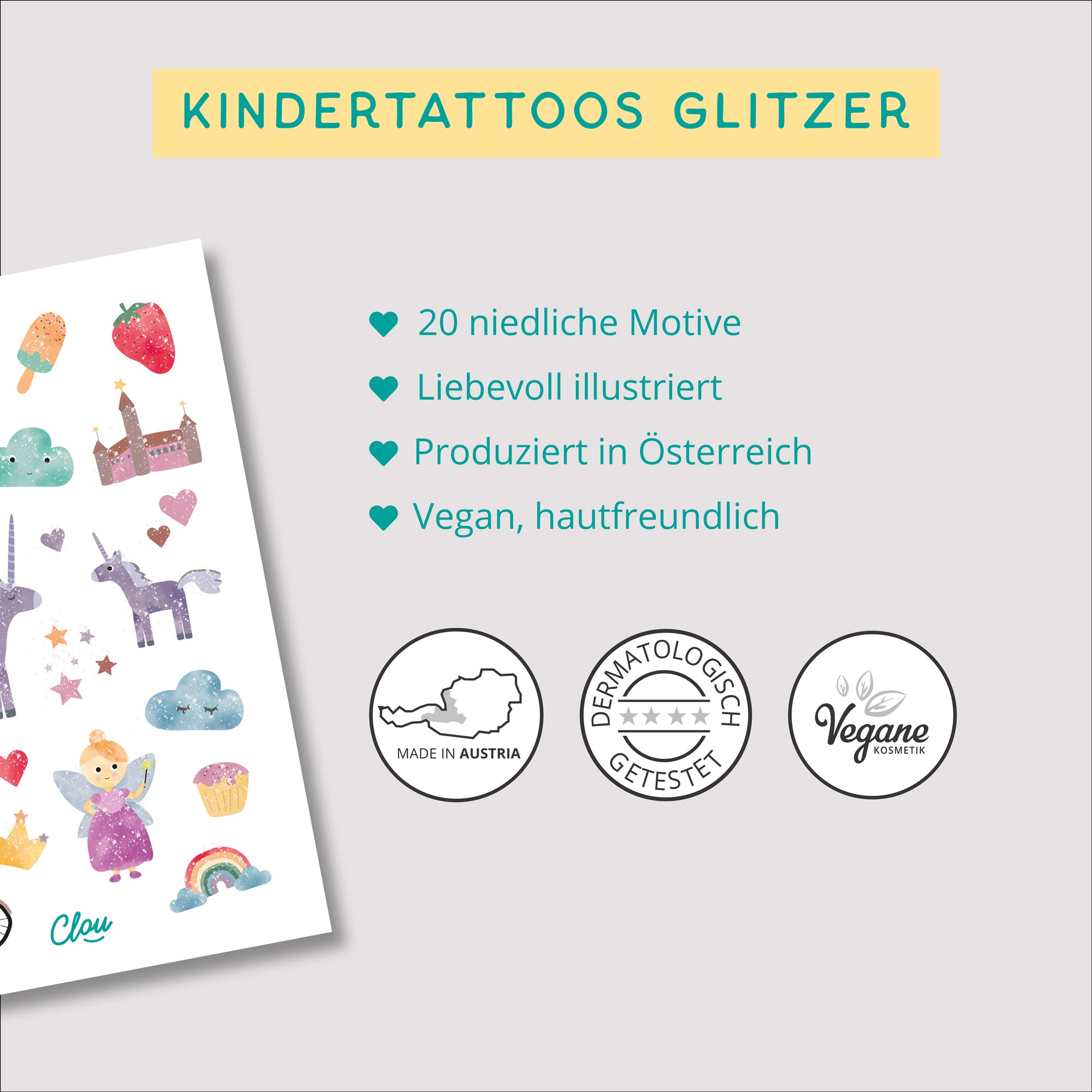 Bogen mit temporären Kindertattoos im Wunderland-Stil – mit zauberhaften Illustrationen von Einhorn, Regenbogen, Fee und weiteren fantasievollen Motiven. Perfekt für kleine Träumer:innen