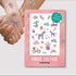 Bogen mit temporären Kindertattoos im Wunderland-Stil – mit zauberhaften Illustrationen von Einhorn, Regenbogen, Fee und weiteren fantasievollen Motiven. Perfekt für kleine Träumer:innen