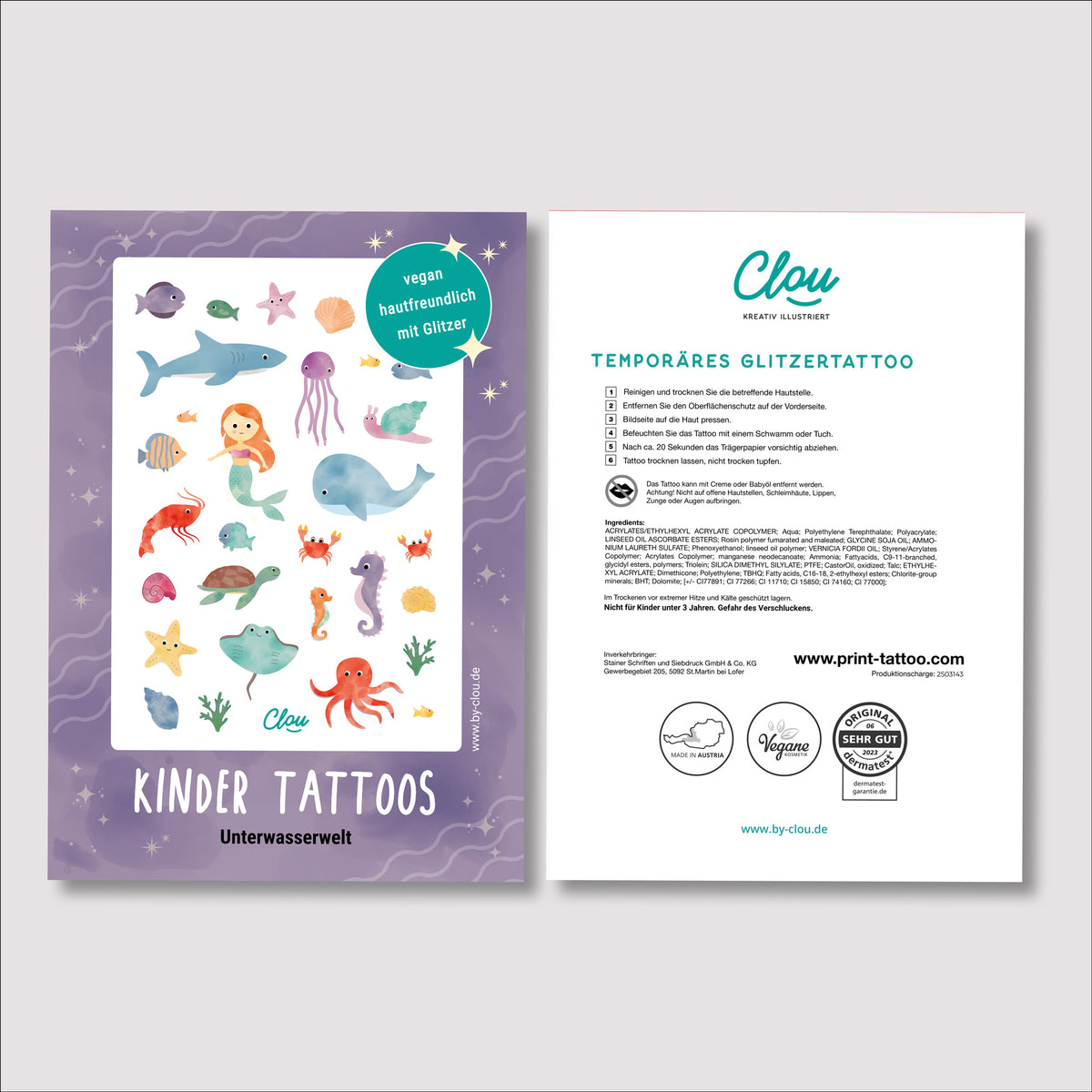 Kindertattoos mit Glitzer im Unterwasserwelt-Design – bunte Meerestiere wie Seepferdchen, Fische und Muscheln im liebevoll illustrierten Stil von by Clou